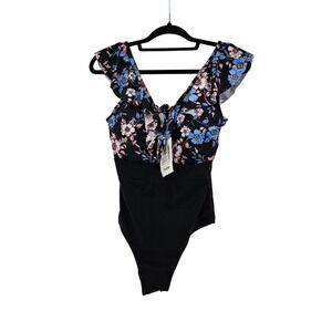Floral Ruffle One Piece Swimsuit Black Sz S Vacation Beach Cruise Pool